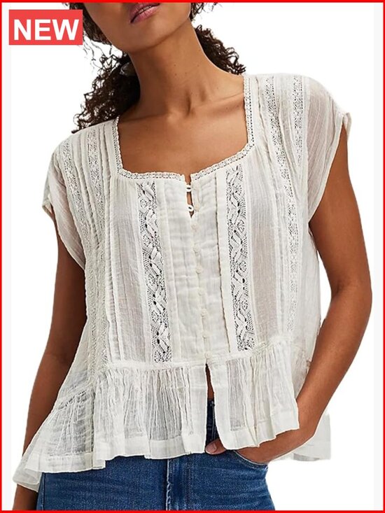 Tops - Semi Sheer Button Down Blouse Square Neck Lace Ruffle Trim Cap Sleeve Casual